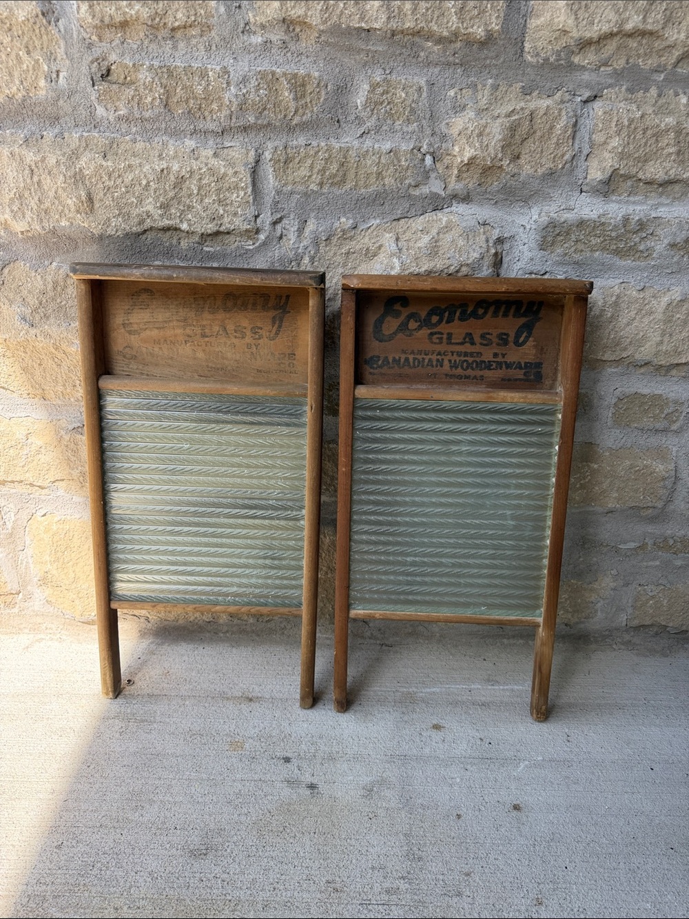 2 Vintage Wooden Washboards in Natural Wood and Clear Glass